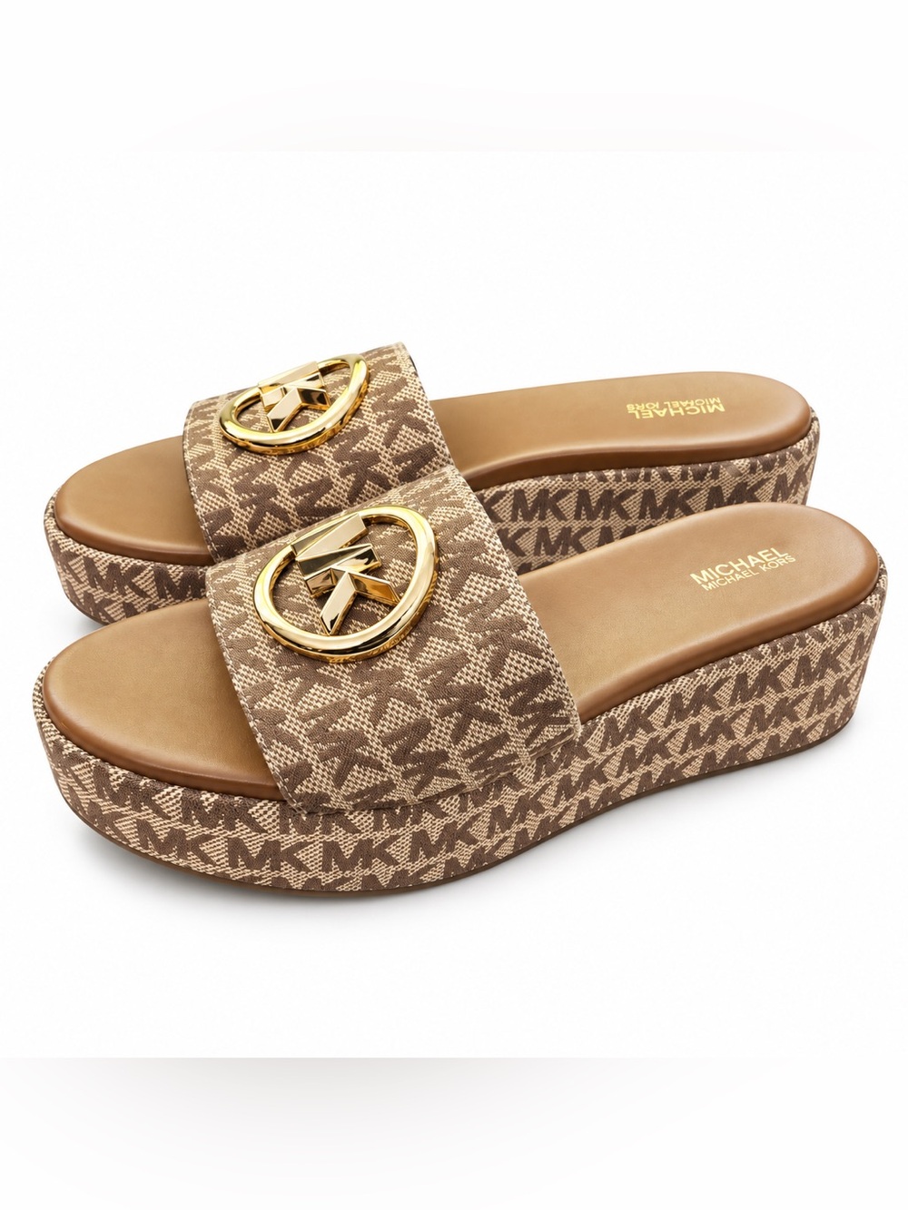 Michael Kors Brown Logo Jacquard Platform Slide Sandals with Gold MK Emblem